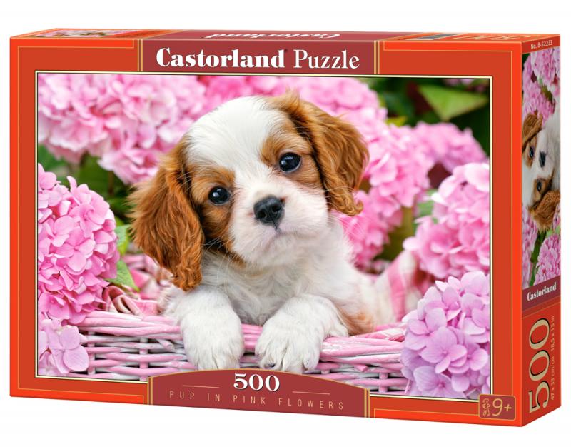 Pup In Pink Flowers (500 pieces)
